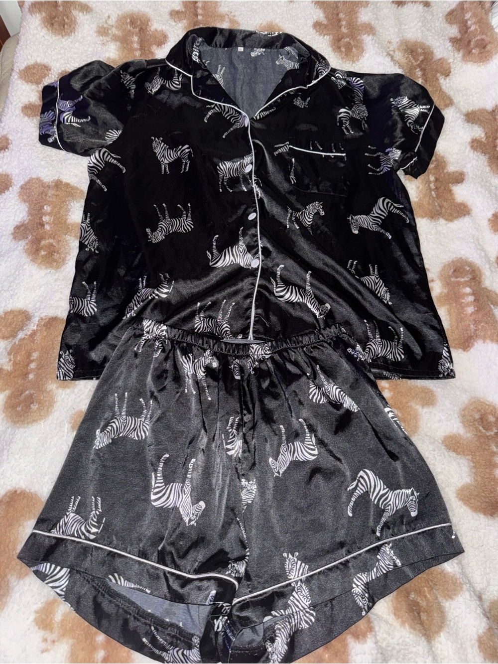 SHEIN Black Zebra Print Satin Short Pajama Set